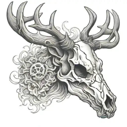 deer skull with smoke for throat tattoo design idea