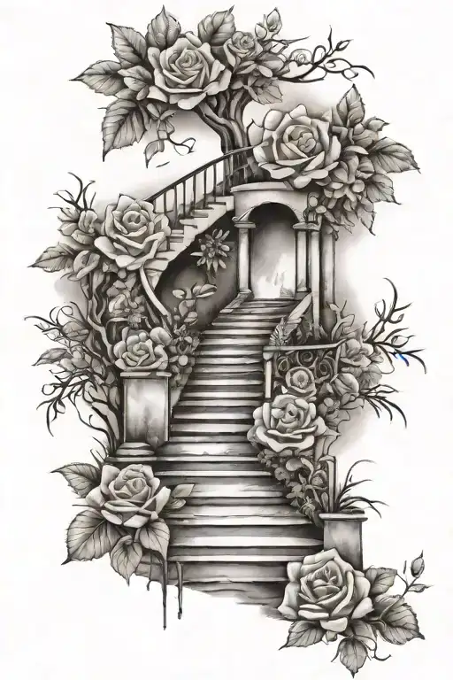 A tattoo design of a staircase (laiptai) leading down to a beach with roses (rožės) scattered along the steps tattoo design idea