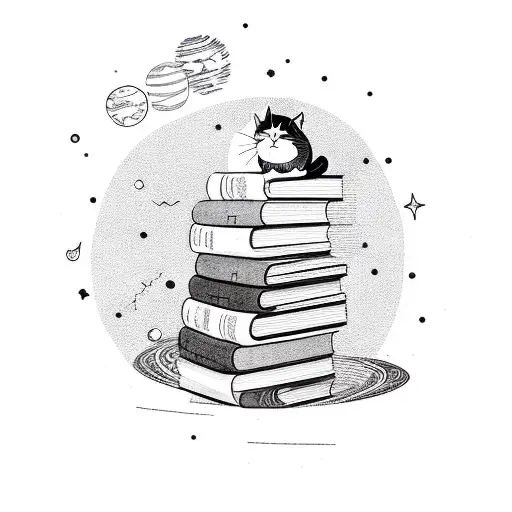 A cat sitting on a stack of books, with stars and planets floating around tattoo design idea