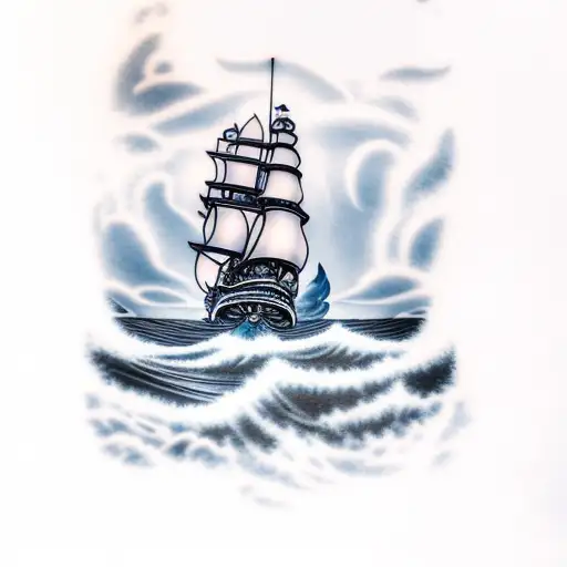 crashing waves on rocky beach with wolf bearing teeth stormy night sky light house in background with sailing ship tattoo design idea