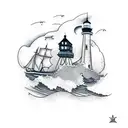 crashing waves on rocky beach with wolf bearing teeth stormy night sky light house in background with sailing ship tattoo design idea