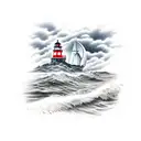 crashing waves on rocky beach with wolf bearing teeth stormy night sky light house in background with sailing ship tattoo design idea
