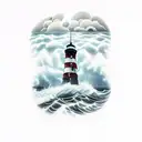 crashing waves on rocky beach with wolf bearing teeth stormy night sky light house in background with sailing ship tattoo design idea
