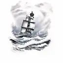 crashing waves on rocky beach with wolf bearing teeth stormy night sky light house in background with sailing ship tattoo design idea