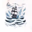crashing waves on rocky beach with wolf bearing teeth stormy night sky light house in background with sailing ship tattoo design idea