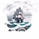 crashing waves on rocky beach with wolf bearing teeth stormy night sky light house in background with sailing ship tattoo design idea