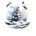 crashing waves on rocky beach with wolf bearing teeth stormy night sky light house in background with sailing ship tattoo design idea