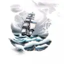 crashing waves on rocky beach with wolf bearing teeth stormy night sky light house in background with sailing ship tattoo design idea