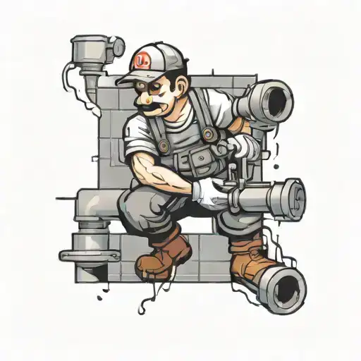 A pixelated scene of a plumber fixing a leaky pipe in a video game world tattoo design idea