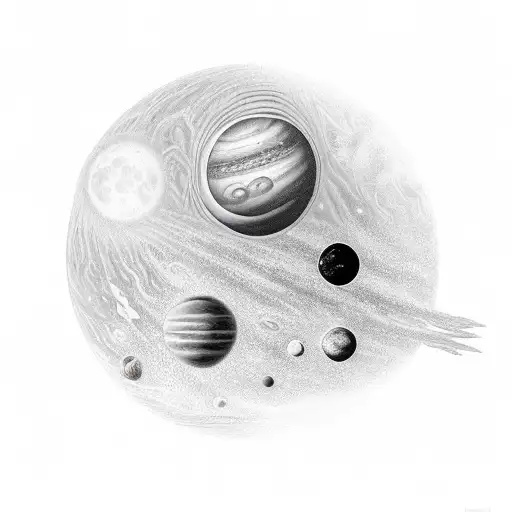 Brazilian indigenous child in the center of the image, with moon in the background and planets around cosmic tattoo design idea