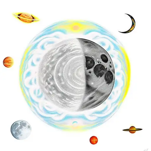 Brazilian indigenous child in the center of the image, with moon in the background and planets around cosmic tattoo design idea