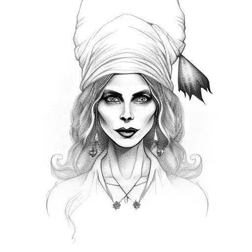A witch on a broomstick:  Subject:  An older beautiful, stylish witch with long hair, wearing a headscarf. The witch's f tattoo design idea