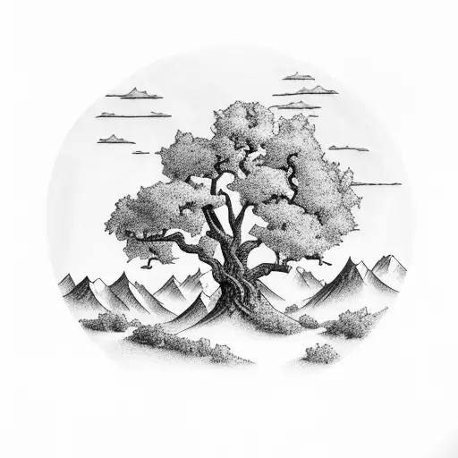 Mountain range with an oak tree tattoo design idea