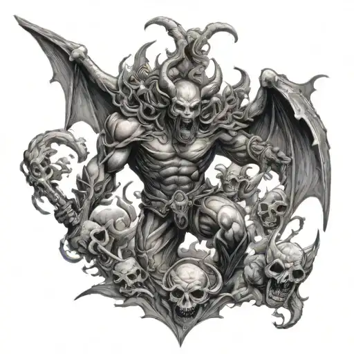 demon rising from hell fighting angels in heaven gates tattoo design idea