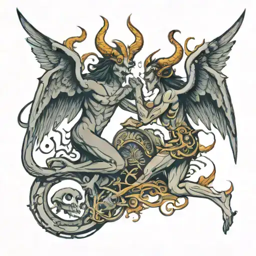 demonic creatures fighting angels of heavens gates tattoo design idea