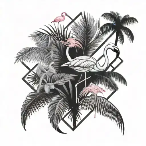 grayscale flamingo palm tree tattoo design idea