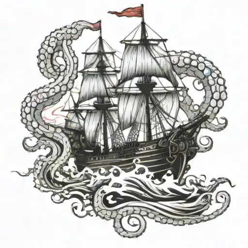 spanish war ship with octopus tentacles tattoo design idea