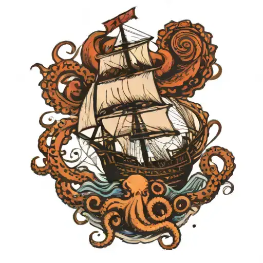 spanish war ship with octopus holding tattoo design idea