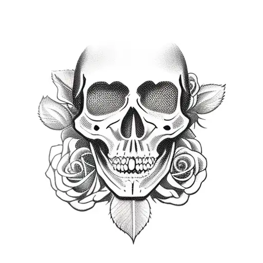 Half face Virgin half face skeleton  with a sword stuck in a bouquet of roses tattoo design idea