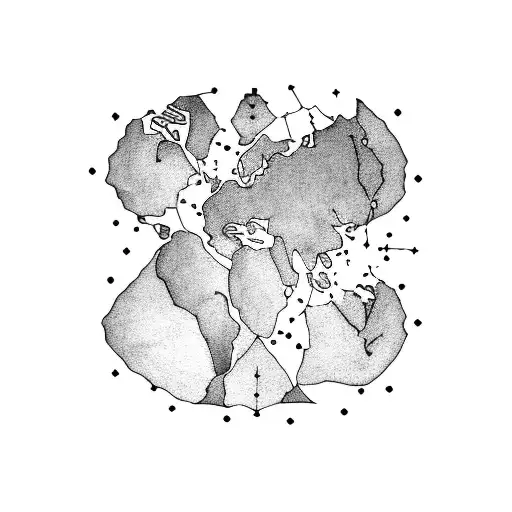 A blackwork tattoo of a world map with a Virgus constellation overlay, symbolizing the client's wanderlust and fascination with the night sky tattoo design idea
