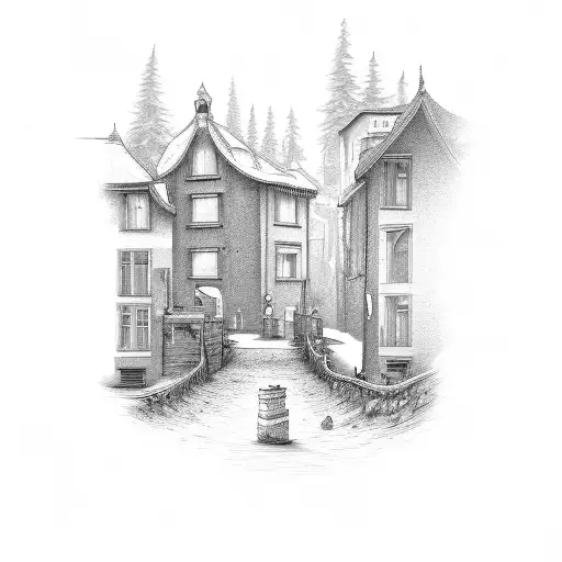 slightly open door to a road with buildings  tattoo design idea