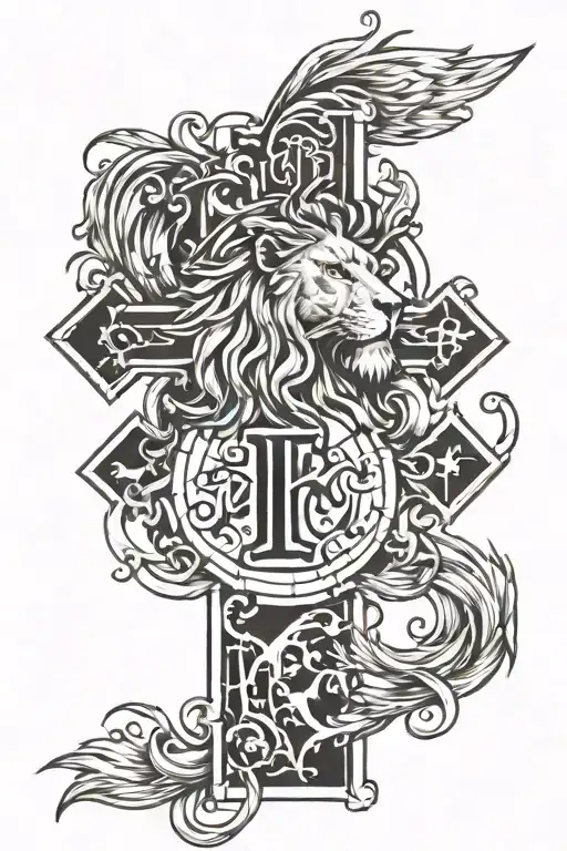lion cross family first letter tattoo design idea
