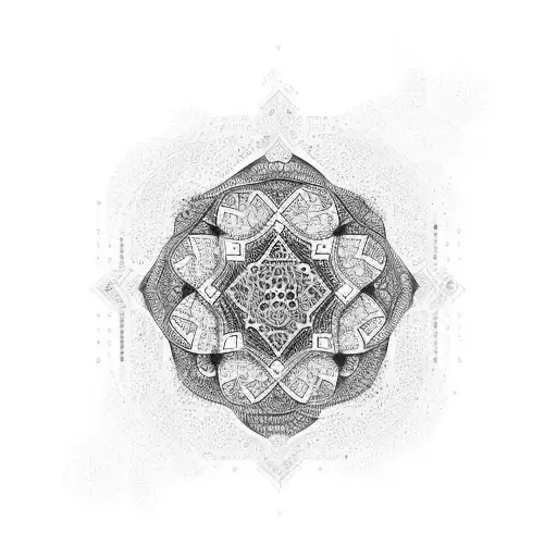 An abstract design combining elements of the Middle East and Persian culture, such as intricate patterns and symbols, in a dotwork tattoo style tattoo design idea