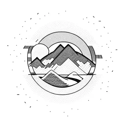 A mountain landscape with a sun rising over it, with a river flowing through the scene, all done in a minimalist line tattoo style tattoo design idea