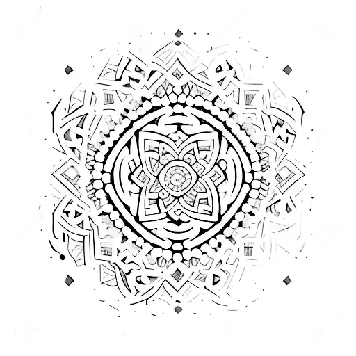 An abstract design combining elements of the Middle East and Persian culture, such as intricate patterns and symbols, in a dotwork tattoo style tattoo design idea