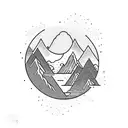 A mountain landscape with a sun rising over it, with a river flowing through the scene, all done in a minimalist line tattoo style tattoo design idea