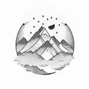 A mountain landscape with a sun rising over it, with a river flowing through the scene, all done in a minimalist line tattoo style tattoo design idea