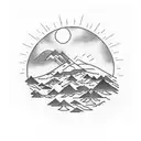 A mountain landscape with a sun rising over it, with a river flowing through the scene, all done in a minimalist line tattoo style tattoo design idea