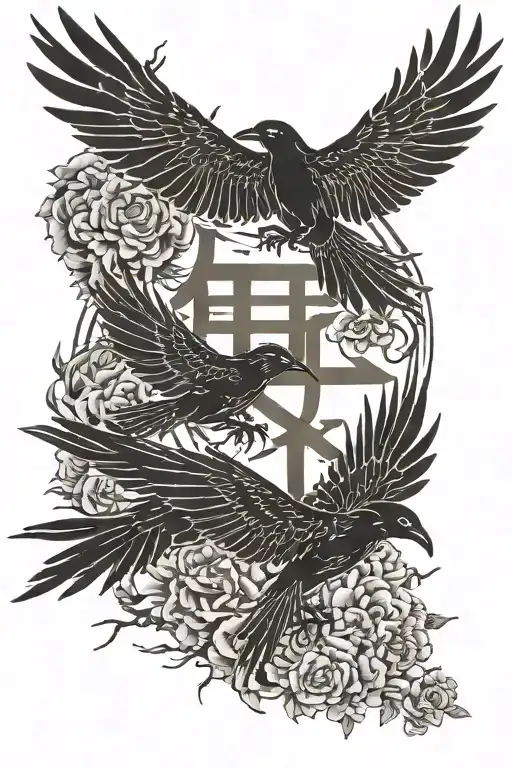 love kanji symbol with crows flying parallel tattoo design idea