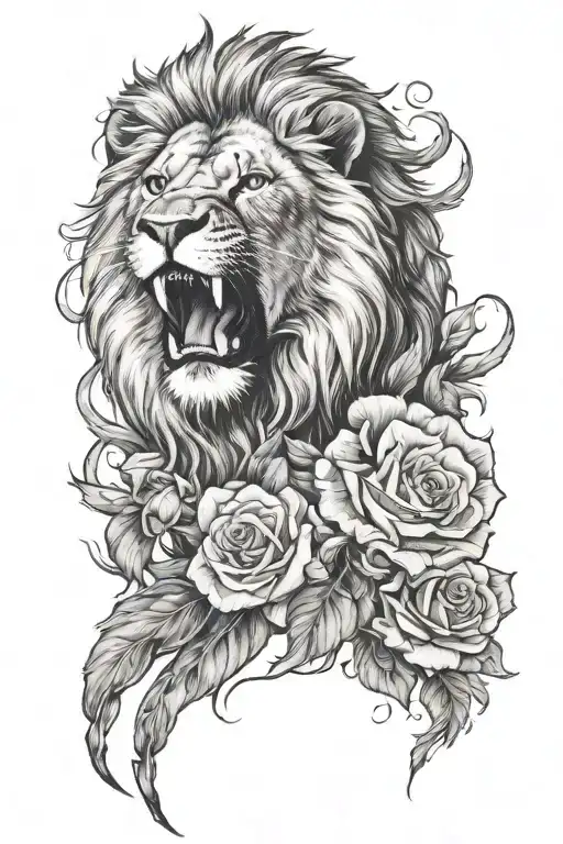 rosas and lion roaring tattoo design idea