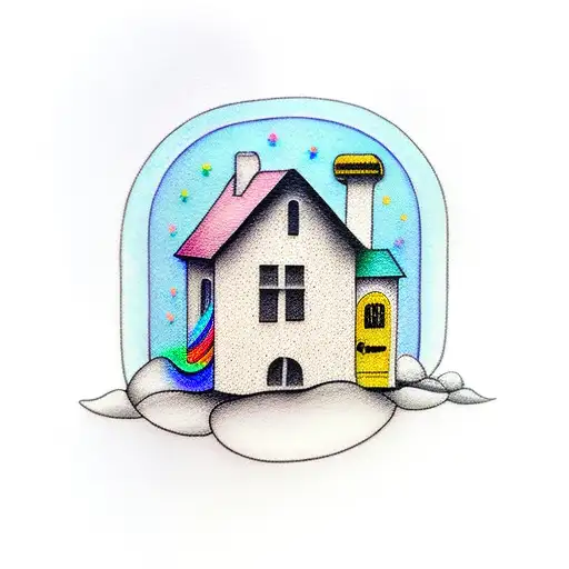a small house with a open door and a rainbow tattoo design idea