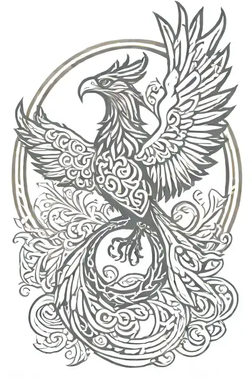 phoenix with open wings against the background of a circle with a Celtic ornament tattoo design idea