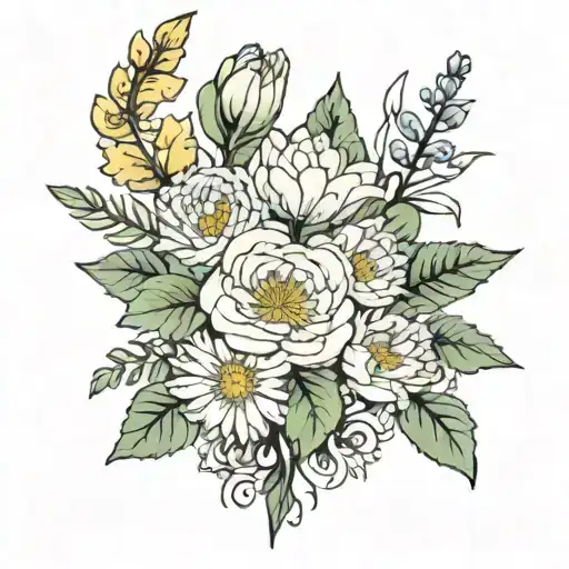 flower bouquet with primrose, carnations, water lily's, aster, and vines tattoo design idea