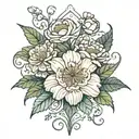 flower bouquet with primrose, carnations, water lily's, aster, and vines tattoo design idea