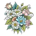 flower bouquet with primrose, carnations, water lily's, aster, and vines tattoo design idea