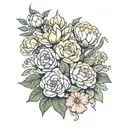 flower bouquet with primrose, carnations, water lily's, aster, and vines tattoo design idea
