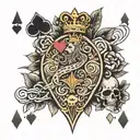 king of heart with a crown of thorns playing card sitting on top of a ace of spades playing card tattoo design idea