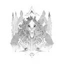 Enchanted forest with whimsical creatures playing with children tattoo design idea