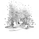 Enchanted forest with whimsical creatures playing with children tattoo design idea