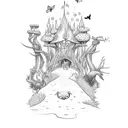 Enchanted forest with whimsical creatures playing with children tattoo design idea