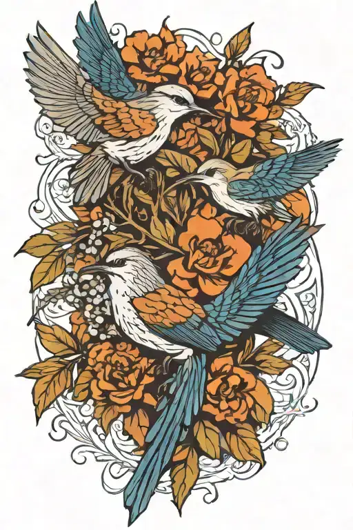 mockingbird, carolina wren, and blue crane, hummingbird over nature background  tattoo design idea