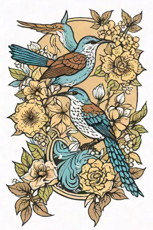 mockingbird, carolina wren, and blue crane, humming bird over nature background  tattoo design idea