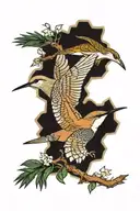 mockingbird, carolina wren, and blue crane, hummingbird over nature background  tattoo design idea