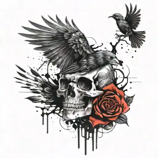 skull and rose with crow flying tattoo design idea