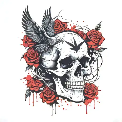 skull and roses with flying crows and thorns tattoo design idea