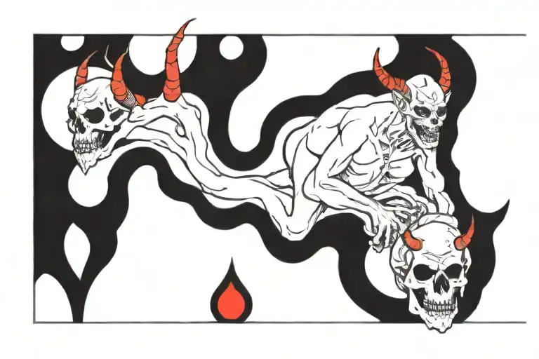 demon with horns sitting on skulls with blood and fire tattoo design idea